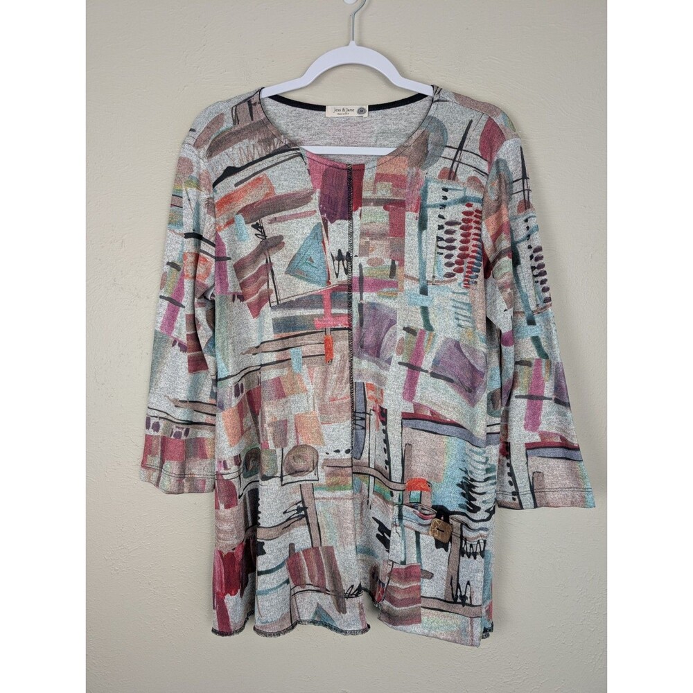 Jess & Jane Top Women M Artsy Abstract 3/4 Sleeve Pocket Stretch Knit Gray Multi